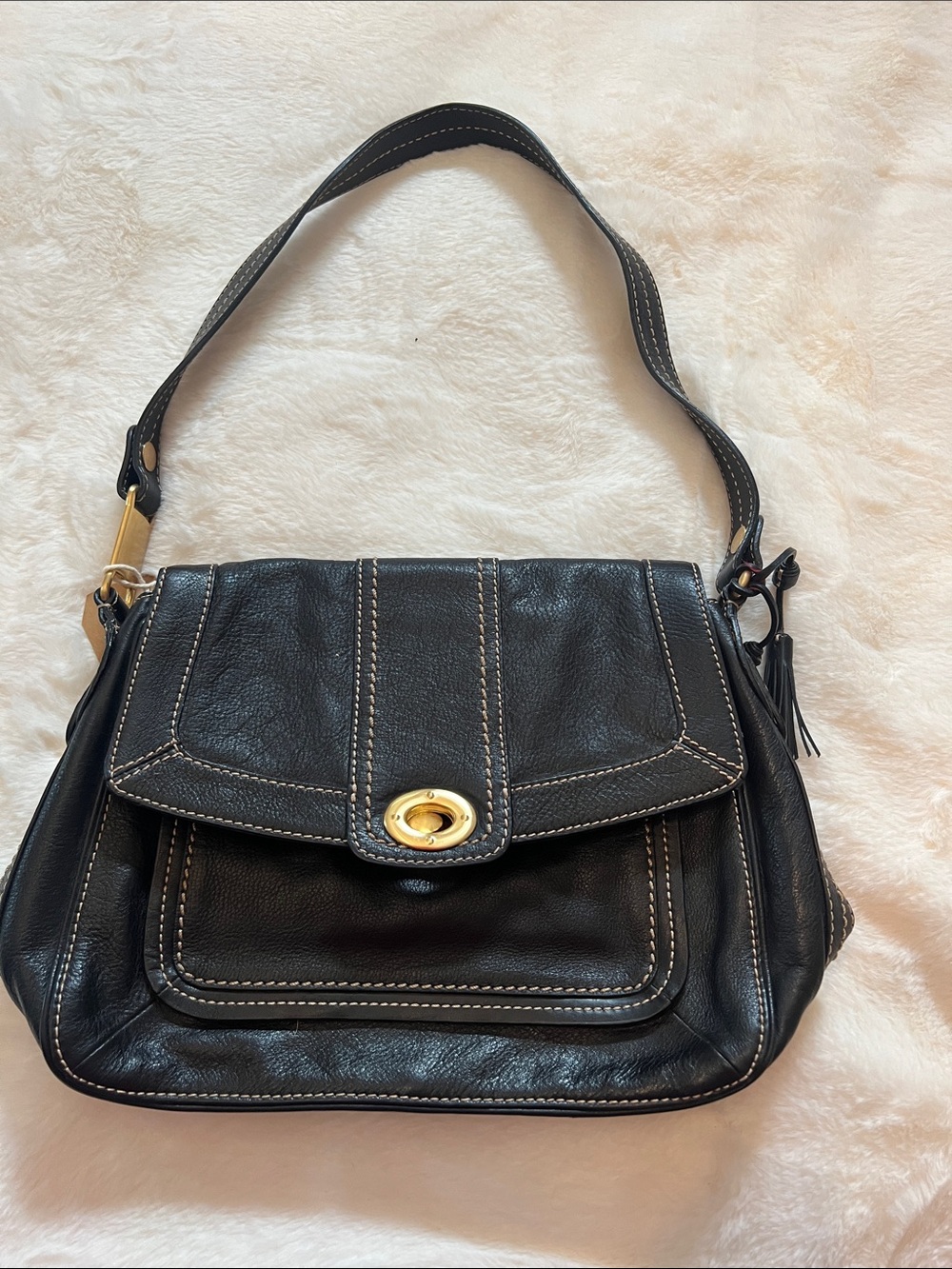 The Sak Black Leather Shoulder Bag with Gold Turnlock